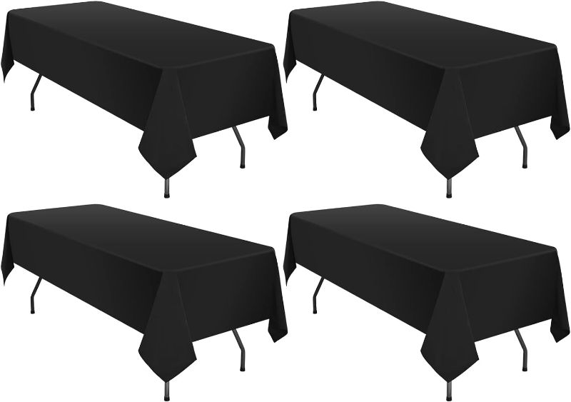 Photo 1 of 4 Pack Polyester Tablecloth 60 x 102 Inch Black Tablecloth for 6 Ft Rectangle Tables,Stain and Wrinkle Resistant Washable Fabric Table Covers Polyester Table Clothes for Wedding Parties Banquet