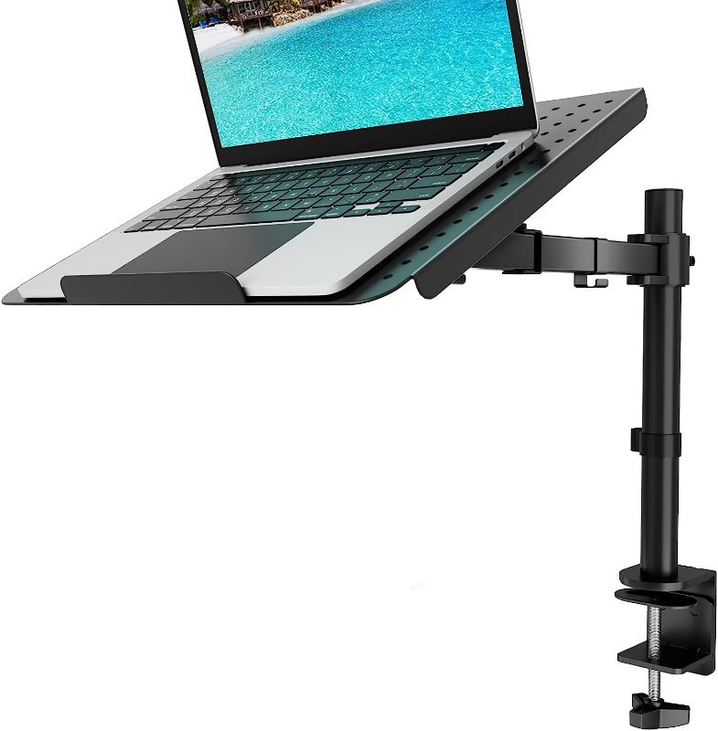 Photo 1 of WALI Laptop Tray Desk Mount for 1 Laptop Notebook up to 17 inch, Fully Adjustable, 22 lbs Capacity with Vented Cooling Platform Stand (M00LP)