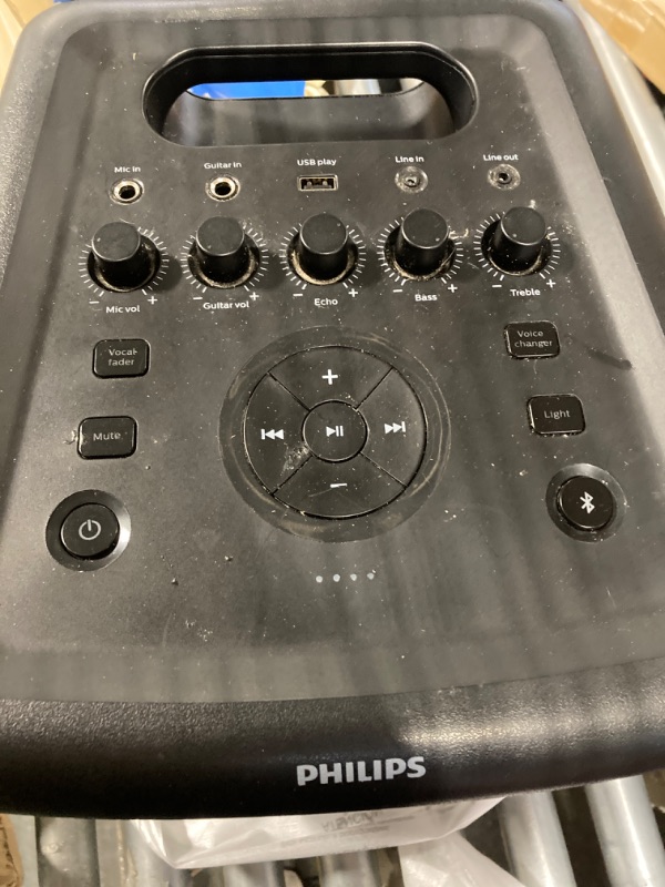 Photo 4 of ***MISSING ADAPTER//USED***  
Philips X3206 Bluetooth Party Speaker with Deep bass, Up to 14 Hours Battery, Party Lights and Karaoke Effects, Microphone and Guitar Input, Audio-in, USB Charging, Built-in Trolley, TAX3206 With light effects Medium
