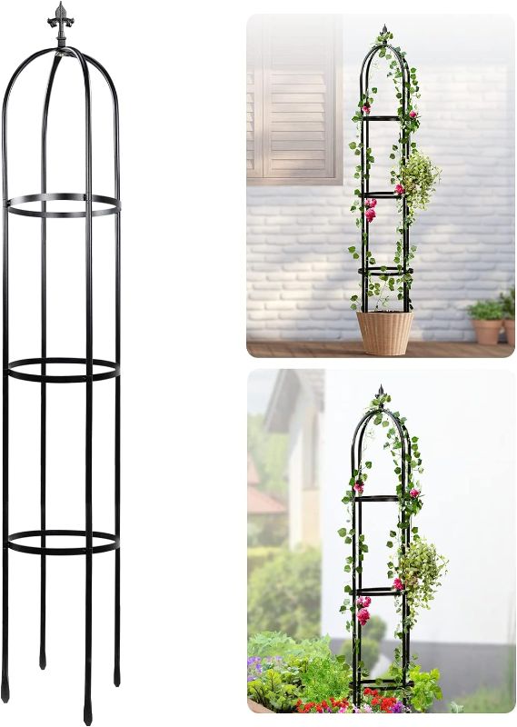 Photo 1 of 100% Metal Obelisk Trellis for Climbing Plants Outdoor 6ft - 72in, Heavy Duty Black Garden Trellis for Climbing Vine with Hammer Stone Coated, 1pc