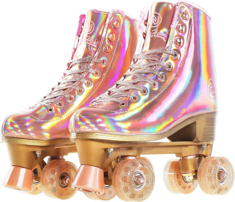 Photo 1 of Roller Skates for Women, Holographic High Top PU Leather Rollerskates, Shiny Double-Row Four Wheels Quad Skates for Girls and Age 8-50 Indoor (Pink Rose Gold)