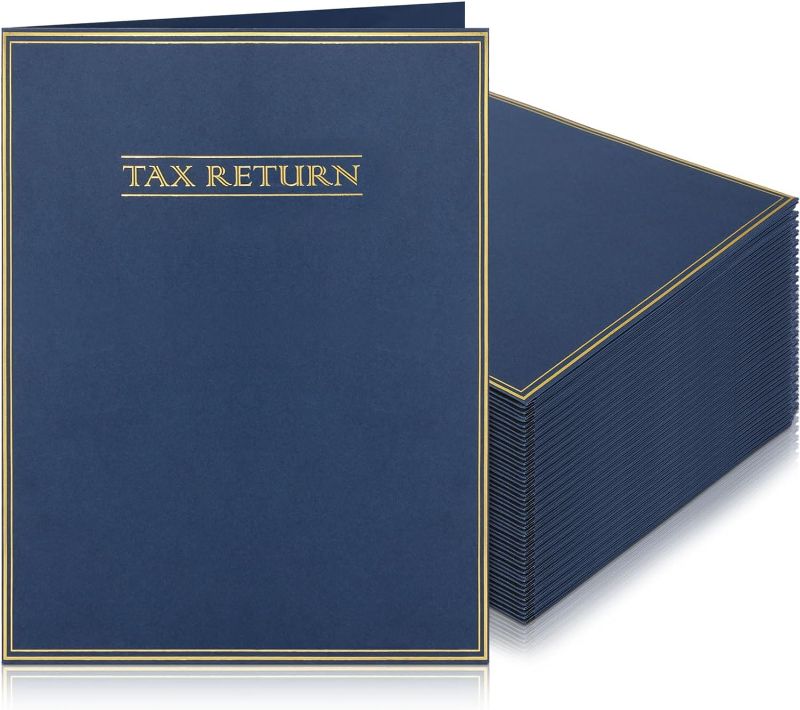 Photo 1 of 50 Pcs Tax Return Folders Two Pocket Folders Letter Size Dark Blue Folders with Pockets and Gold Printed Label Tax Organizer for Storing or Handling Personal Customer Tax Returns