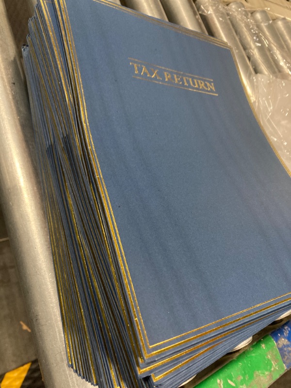 Photo 1 of 50 Pcs Tax Return Folders Two Pocket Folders Letter Size Dark Blue Folders with Pockets and Gold Printed Label Tax Organizer for Storing or Handling Personal Customer Tax Returns