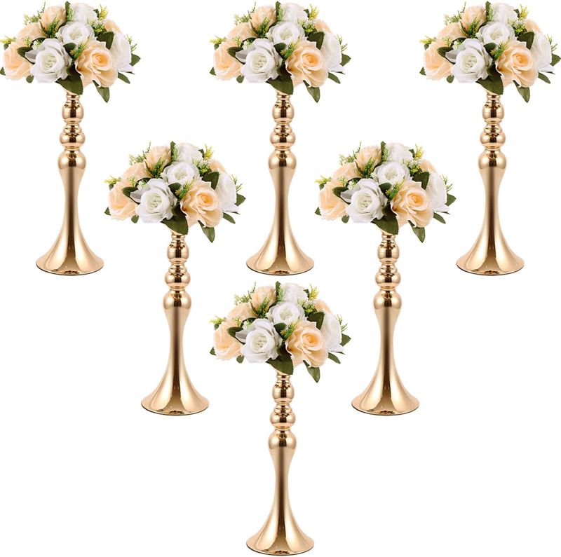 Photo 1 of 15 Pcs Wedding Flower Stand Metal Flower Centerpieces Stand for Table Flower Vase Arrangement Rack Candleholder Stand for Wedding Reception Dinner Table Holiday Party Decor (Gold,15 in)