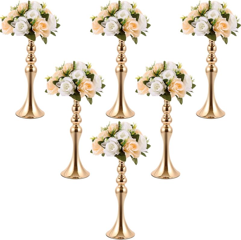 Photo 1 of 15 Pcs Wedding Flower Stand Metal Flower Centerpieces Stand for Table Flower Vase Arrangement Rack Candleholder Stand for Wedding Reception Dinner Table Holiday Party Decor (Gold,15 in)