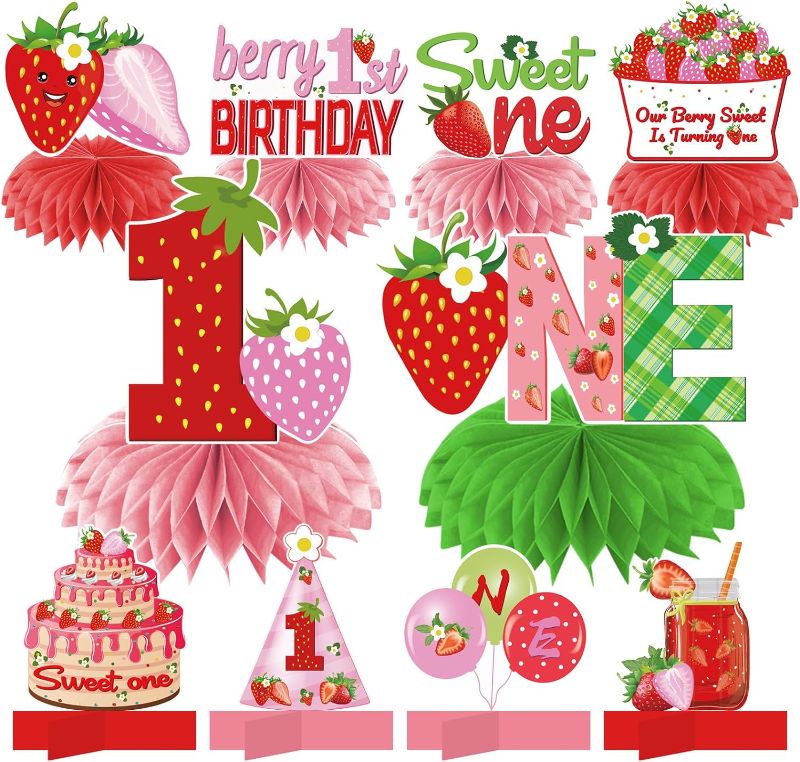 Photo 1 of 10Pcs Berry First Birthday Decorations Honeycomb Centerpieces for Baby Girls, Strawberry Theme 1st Birthday Table Centerpiece Party Supplies, Berry Sweet One Birthday Party Table Topper Decor