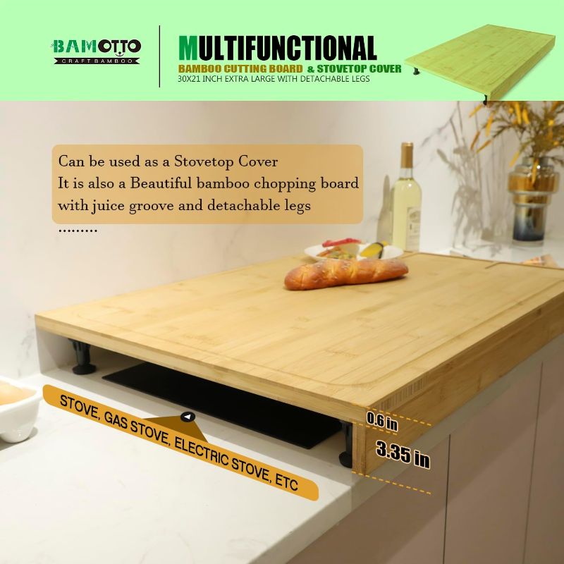 Photo 1 of 30 x 21 in Extra Large Bamboo Cutting Board and Stovetop Cover, Stove Top Cover Chopping Board with Detachable Legs and Juice Groove, Protector Board for Restaurant Kitchen Counter & Sink