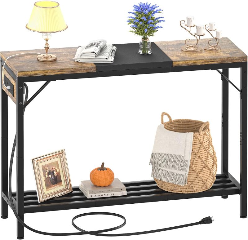 Photo 1 of Narrow Console Table with Power Strips, Sofa Table with Storage Shelves for Living Room, 2-Tier Foyer Tables for Entryway, Hallway, Behind Couch, Kitchen Counter, 39'', Rustic & Black