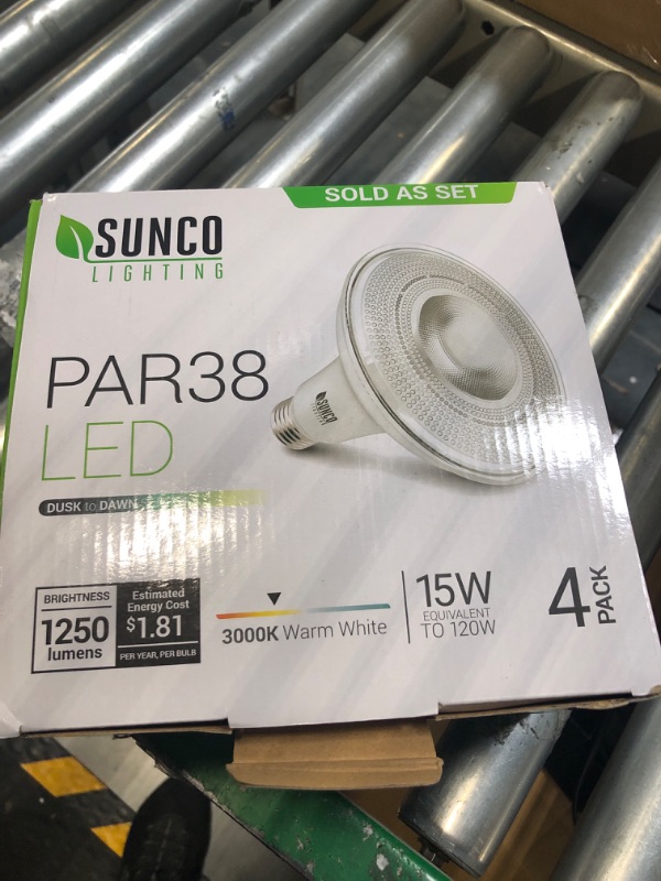 Photo 1 of Sunco 4 Pack Outdoor LED Flood Light, Waterproof PAR38 LED Bulb, Dusk to Dawn, 120W Equivalent 15W, Exterior, Wet-Rated, 3000K Warm White 1250 LM, E26 Base, UL 3000k Warm White 4 Count (Pack of 1)