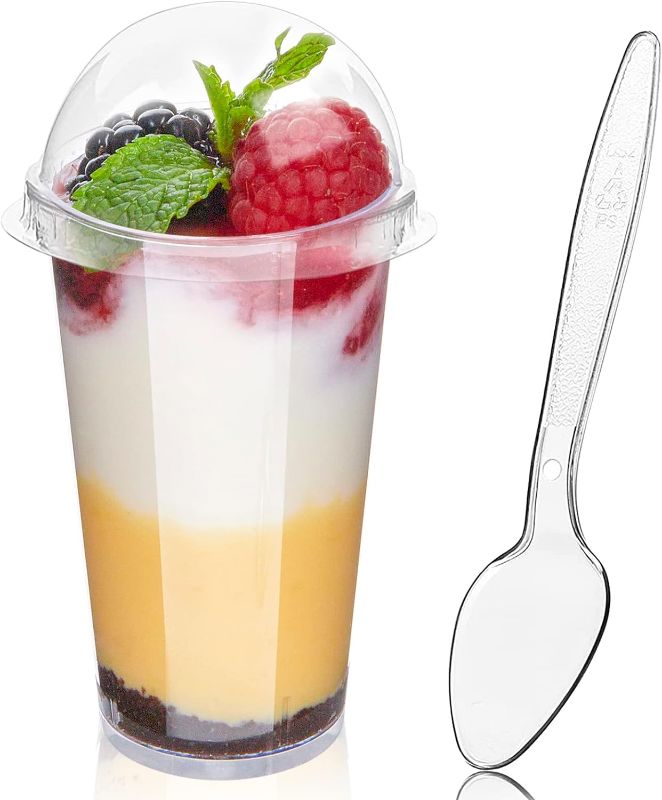 Photo 1 of  MINI Zezzxu 50 Pack Mini Dessert Cups with Lids and Spoons, 3oz Clear Plastic Parfait Glasses Appetizer Cups Shot Glasses Small Serving Bowls