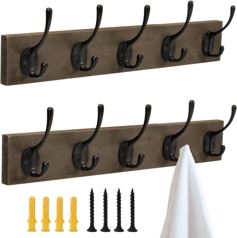 Photo 1 of 2 Packs Coat Rack Wall Mounted, Wooden Board Coat Rack with 5 Coat Hooks, Coat Hangers for Wall, Black Coat Rack for Coat Towel Bags, Entryway, Bathroom