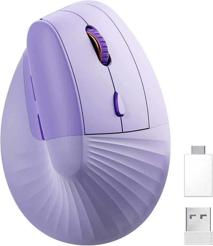 Photo 1 of Unipows Ergonomic Vertical Mouse, Wireless Type C Rechargeable Mouse with USB & Type C Adapter, Silent Small Mouse for Notebook, Laptop, Desktop, PC, MacBook and All Type C Devices (Purple)