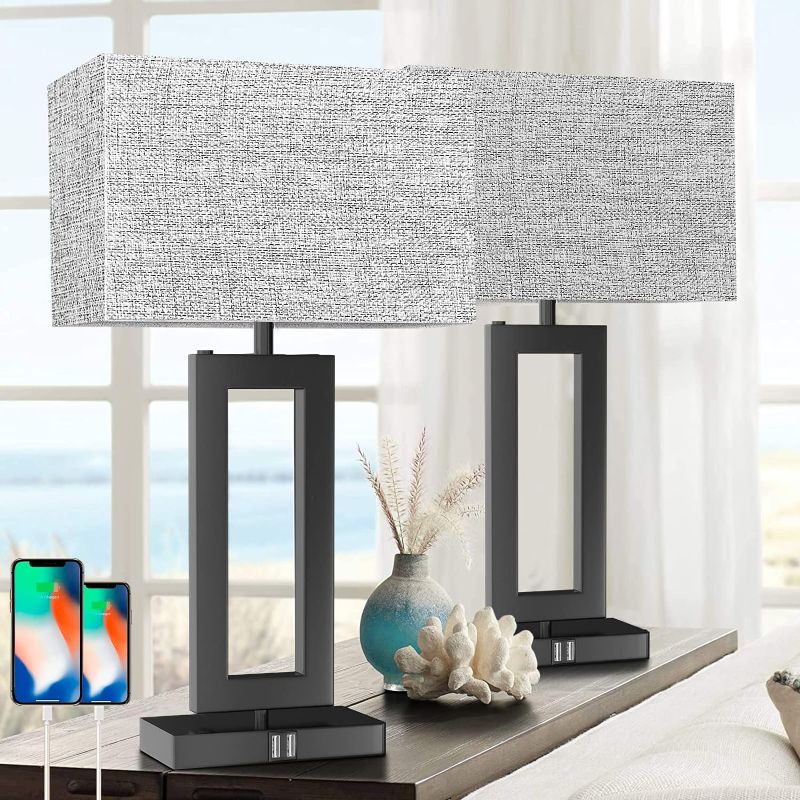 Photo 1 of 22’’ Tall Set of 2 Touch Control Table Lamp w. 2 USB Ports, 3-Way Dimmable Modern Bedroom Bedside Touch Lamps w. Fabric Gray Shade for Living Room End Table Nightstand Reading
