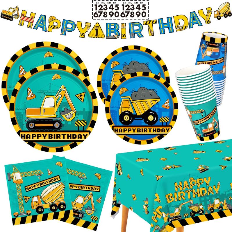 Photo 1 of Construction Birthday Party Supplies Kit - Disposable Paper Plates, Napkins, Cups, Tablecloth, & Banner - Perfect For Construction Theme Birthday Party Decorations, Serve 25