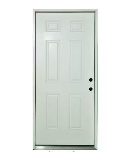 Photo 1 of  **MISSING DOOR KNOBS**
32 in. x 80 in. Reliant Series 6-Panel Left-Hand Inswing White Primed Fiberglass Prehung Front Door