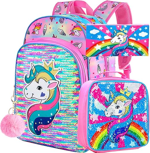 Photo 1 of gxtvo 3PCS Girls Backpack, 16" Sequin Prechool Elementary Bookbag and Lunch Box