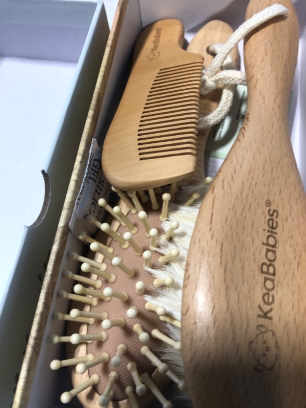 Photo 3 of Baby Hair Brush and Comb Set for Newborn - Wooden Baby Hair Brush Set with Soft Goat Bristle, Baby Brush Set for Newborns, Baby Brush and Comb Set Girl,Toddler Cradle Cap Brush (Oval, Walnut) Walnut Oval