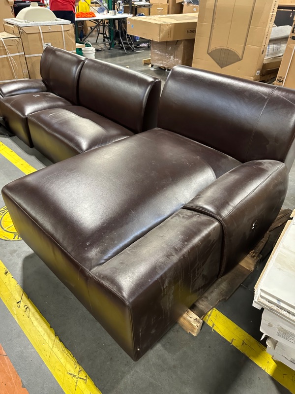 Photo 5 of *** ITEM HAS DAMAGE - SEE PICTURES - BRACKET TO ATTACH TO BASE IS BENT**** 

FUFU&GAGA 108.3-in Modern Brown Faux Leather Sofa *missing hardware*
