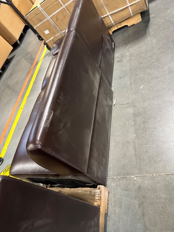 Photo 6 of *** ITEM HAS DAMAGE - SEE PICTURES - BRACKET TO ATTACH TO BASE IS BENT**** 

FUFU&GAGA 108.3-in Modern Brown Faux Leather Sofa *missing hardware*
