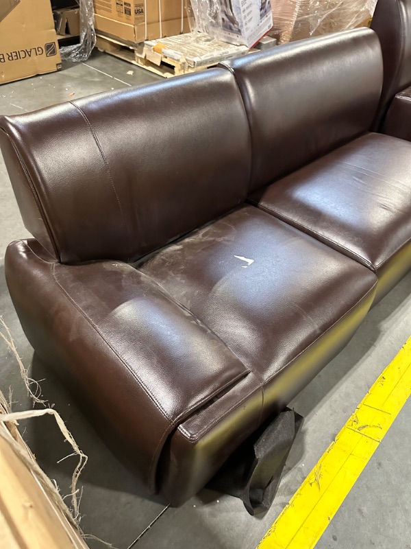 Photo 3 of *** ITEM HAS DAMAGE - SEE PICTURES - BRACKET TO ATTACH TO BASE IS BENT**** 

FUFU&GAGA 108.3-in Modern Brown Faux Leather Sofa *missing hardware*
