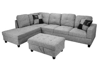 Photo 1 of 112 in. Square Arm 3-Piece Linen L-Shaped Sectional Sofa in Light Gray
**missing back rest cushions & ottoman**