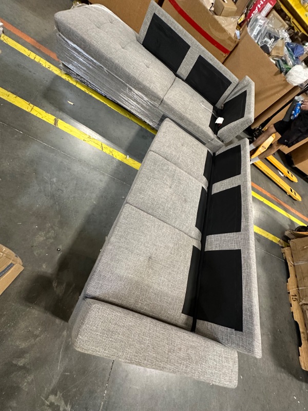 Photo 2 of 112 in. Square Arm 3-Piece Linen L-Shaped Sectional Sofa in Light Gray
**missing back rest cushions & ottoman**