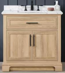 Photo 1 of *CABINET ONLY -SINK AND COUNTER BROKEN** Doveton 36 in. Single Sink Freestanding Weathered Tan Bath Vanity with White Engineered Marble Top (Fully Assembled)
