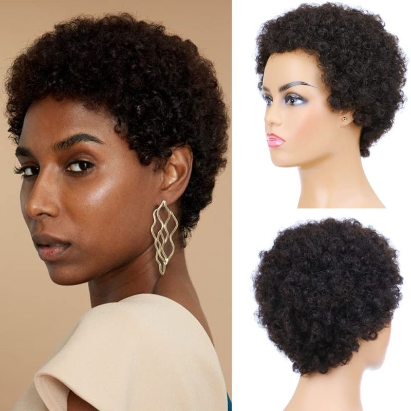 Photo 1 of Afro Kinky Curly Human Hair Short Wigs for Women, Full and Fluffy Machine Made Wig Human Hair Pixie Cut Natural Looking Glueless Hair Replacement Wig Black Color (Afro)
