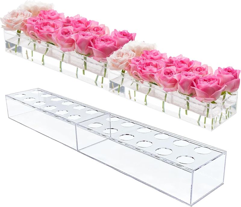 Photo 1 of 2Pcs Acrylic Flower Vase Rectangular Clear Acrylic Modern Vases- Total 24 Inches Long Rectangular Floral Centerpiece Low Decoration Vase for Dining Table Halloween Party Decor Wedding?24Holes?
