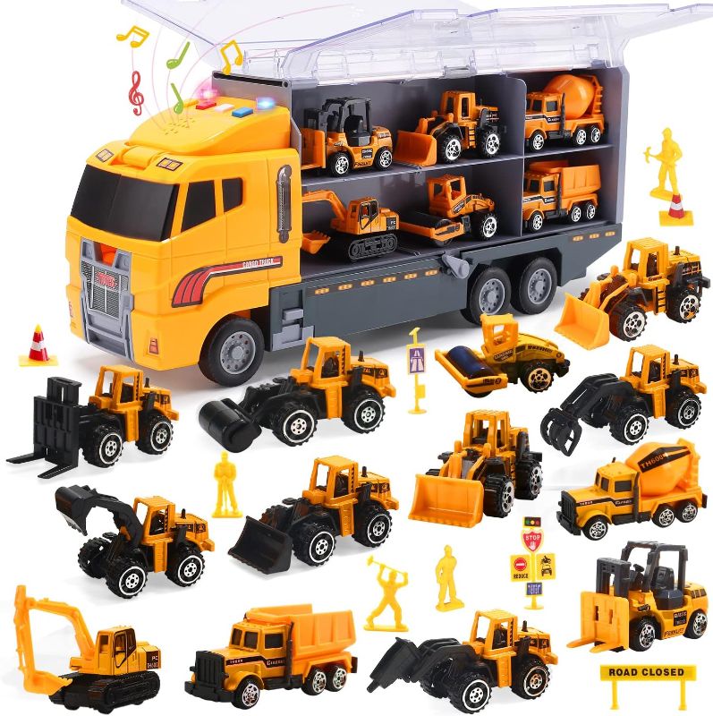 Photo 1 of CUTE STONE 25 in 1 Construction Trucks Push and Go Car Carrier Truck Toy, Play Vehicles with Sounds and Lights, 12 Mini Diecast Trucks Included
