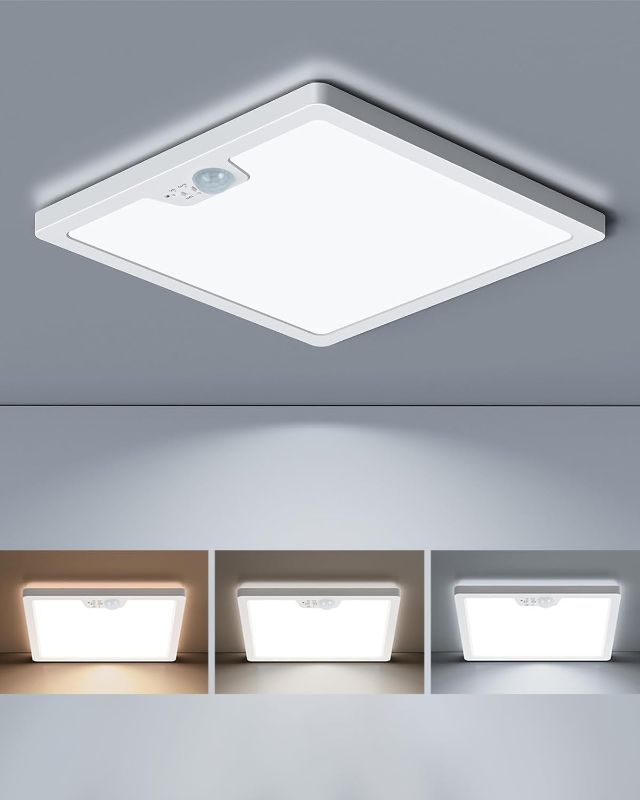Photo 1 of 12in Motion Sensor Ceiling Light Wired, 3000K 4000K 5000K Selectable, 24W Flush Mount Light Fixture with 3 Timer, Square Motion Ceiling Light for Closet Porch Stairs Hallway, White
