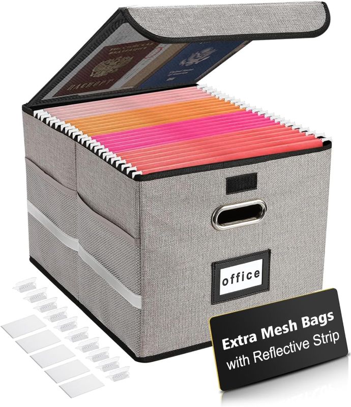 Photo 1 of Upgraded Portable File Organizer Box with Lid & Mesh Bags, Collapsible File Box with Reflective Strip & 10 Tabs for Hanging Letter/Legal Folder Storage, Decorative Home/Office Filing Cabinet (Gray)
