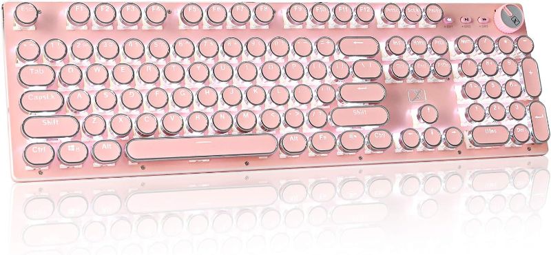 Photo 1 of CHICHEN Retro Steampunk Typewriter-Style Gaming Keyboard, Blue Switches,Pure White Backlight, USB Wired, for PC Laptop Desktop, Stylish Pink Mechanical Keyboard Round Keycaps
