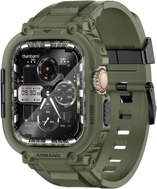 Photo 1 of amBand Bands Case Screen Protector Compatible with Apple Watch Ultra 2/1 49mm, M1 Sport Series Rugged Cover Strap and 9H Tempered Glass Film, Protective Bumper for iWatch 49 mm Men Army Green
