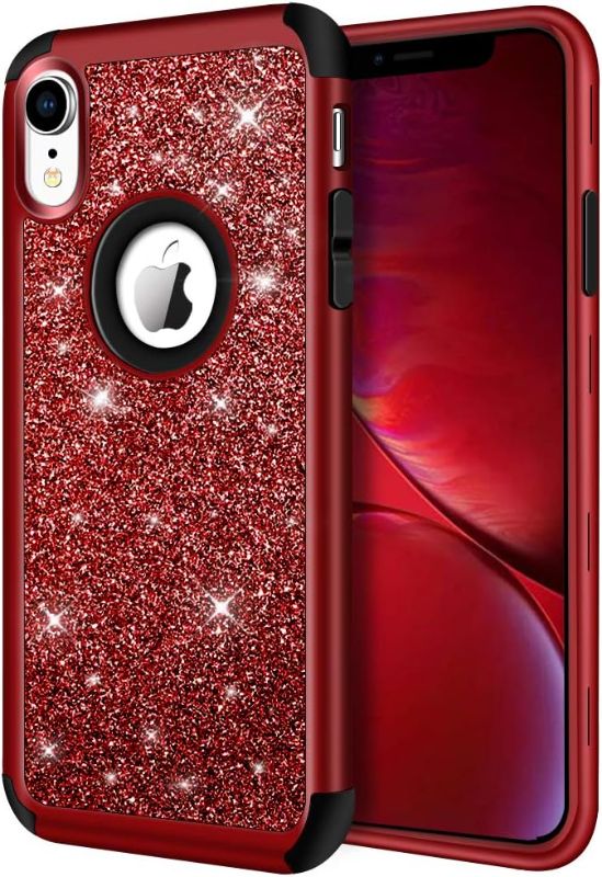 Photo 1 of Hython Compatible with iPhone XR Case, Heavy Duty Full-Body Defender Protective Bling Glitter Sparkle Hard Shell Armor Hybrid Shockproof Silicone Rubber Bumper Cover for iPhone XR 6.1-Inch, Red
