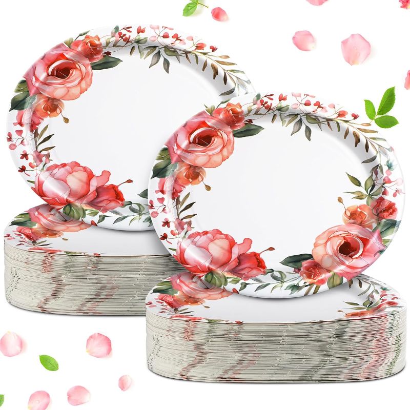 Photo 1 of 100 Pcs Spring Oval Paper Plates 10" x 12" Disposable Spring Dinner Plates Dinnerware Tray Spring Party Supplies Tableware Set for Family Gatherings Parties

