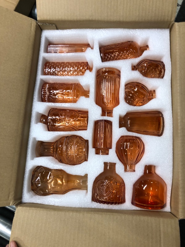 Photo 1 of Mini Glass  Vases,Versatile Small Bud vases for Home and Wedding Decor, Exquisite Bridal Shower Table Centerpieces,Aromatherapy Bottles,Candle Holder, Gifts Idea(Pack of 30,Amber) Amber 30 pcs