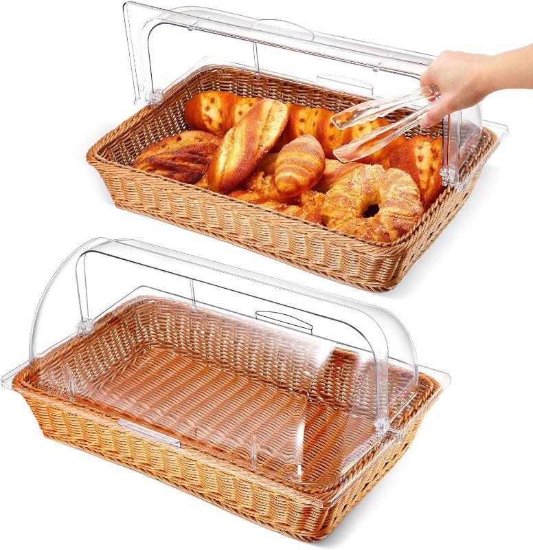 Photo 1 of 2 Pack Imitation Rattan Bread Basket with Clear Chafing Dish Cover Wicker Bread Basket for Serving Roll Top Bakery Pan Display Cover for Food Tabletop Restaurant Kitchen (21.06 x 12.6 Inch)
