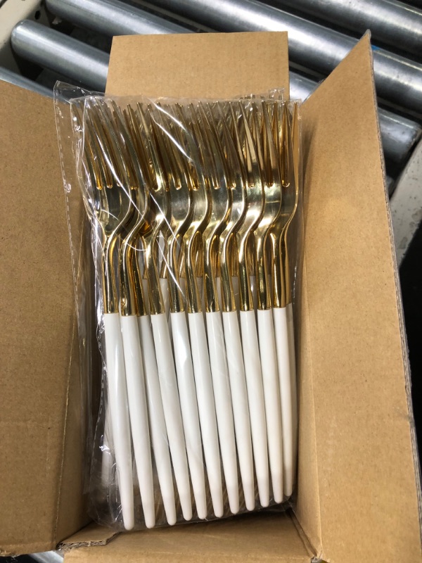 Photo 1 of 00000 144 Gold Plastic Forks, Disposable Gold Flatware with White Handle, Look Like Gold Cutlery for Party Wedding
