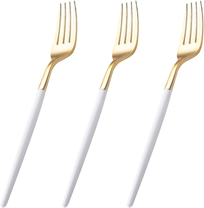 Photo 1 of 00000 144 Gold Plastic Forks, Disposable Gold Flatware with White Handle, Look Like Gold Cutlery for Party Wedding