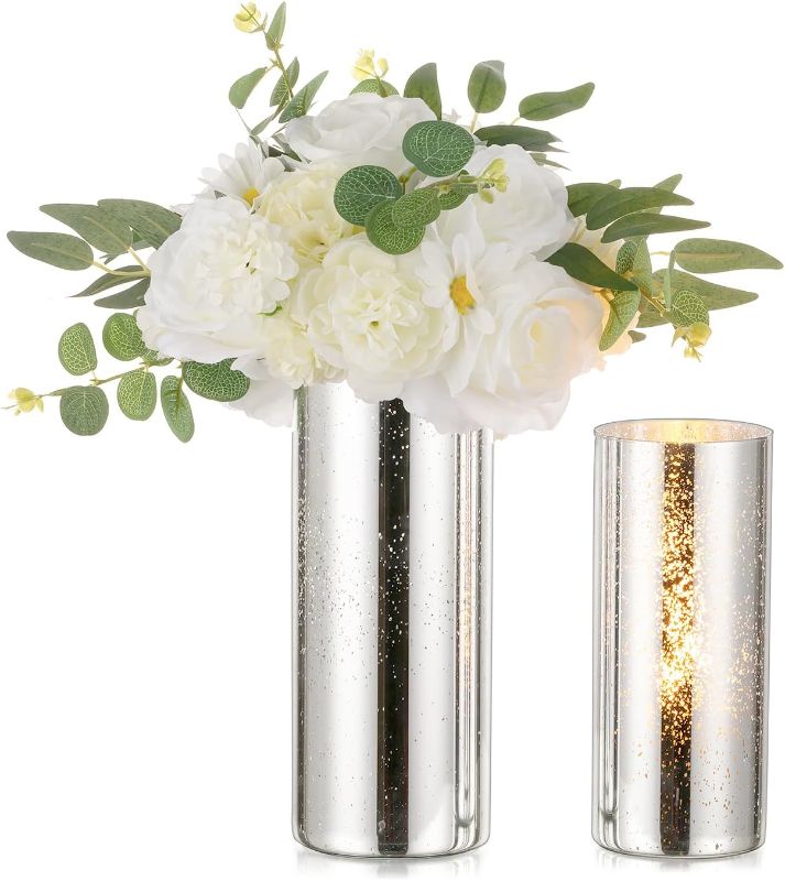 Photo 1 of  Glass Cylinder Vases Set of 2, Hewory Glittery Silver Vase for Centerpieces, Glass Hurricane Candle Holders for Pillar Floating Candle, Tall Round Vase for Wedding Anniversary Events Home Table Decor