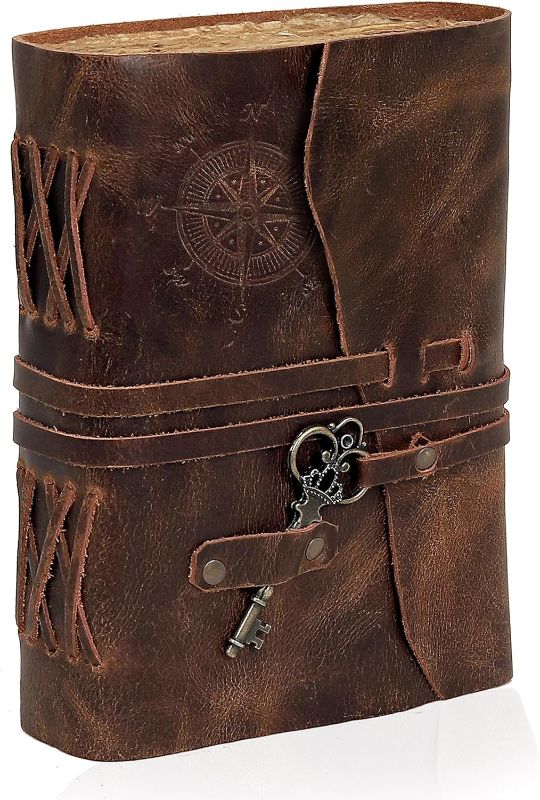 Photo 1 of C CUERO Compass Vintage Leather Journal Antique Handmade Bound Journal with Deckle Edge Paper Diary Leather Sketchbook Drawing Journal Notebook Great Gift Men & Women (6X8 Inch)