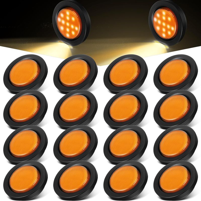 Photo 1 of 16 Pcs 2.5" Round Clearance Lights 13 LED Front Rear Side Marker Indicators Lights Waterproof 12V Sealed Flush Mount Marker Lights for Truck RV Car Bus Trailer Van Caravan Boat (Yellow)
