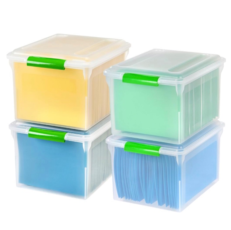 Photo 1 of IRIS USA, Inc. Letter/Legal File Tote Box, 4 Pack, BPA-Free Plastic Storage Bin Tote Organizer with Durable and Secure Latching Lid, Stackable and Nestable, 4 Clear with Green Buckles