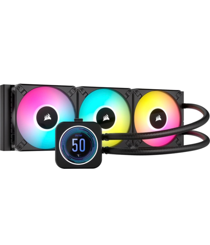 Photo 1 of Corsair iCUE H150i Elite LCD XT Liquid CPU Cooler - IPS LCD Screen - Three AF120 RGB Elite Fans - 360mm Radiator - Fits Intel® LGA 1700, AMD® AM5, and More - Included iCUE Commander CORE - Black