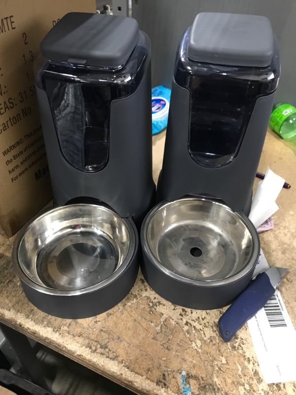 Photo 2 of 2 Pack Automatic Cat Feeder and Water Dispenser with Stainless Steel Dog Bowl Gravity Self Feeding for Small Medium Pets Puppy Kitten 1 Gallon x 2 (Black) Dark Grey