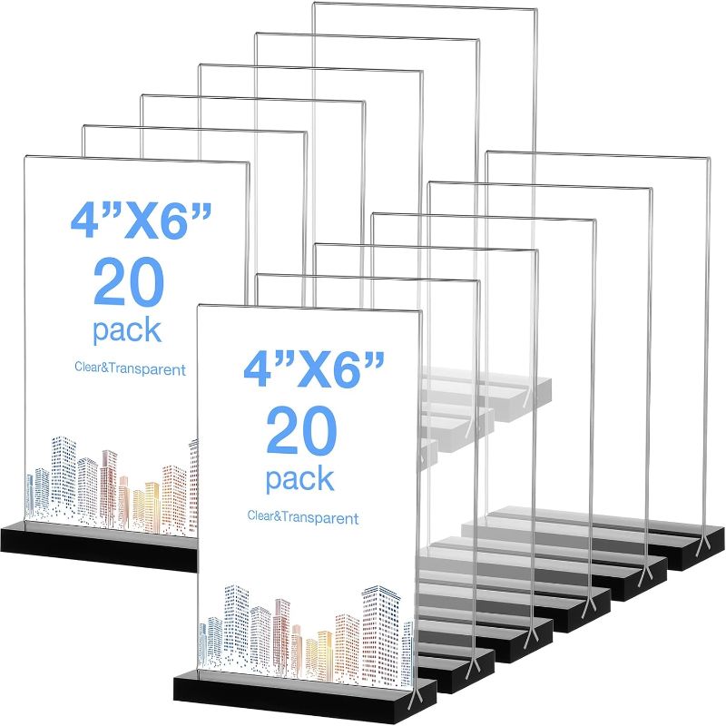 Photo 1 of 20 Pack Acrylic Sign Holder 4 x 6 Inches Table Sign Holder Clear Plastic Poster Sign Holder Double Sided T Shape Table Top Display Stand Acrylic Frame for Home Office Restaurant Store Hotel
