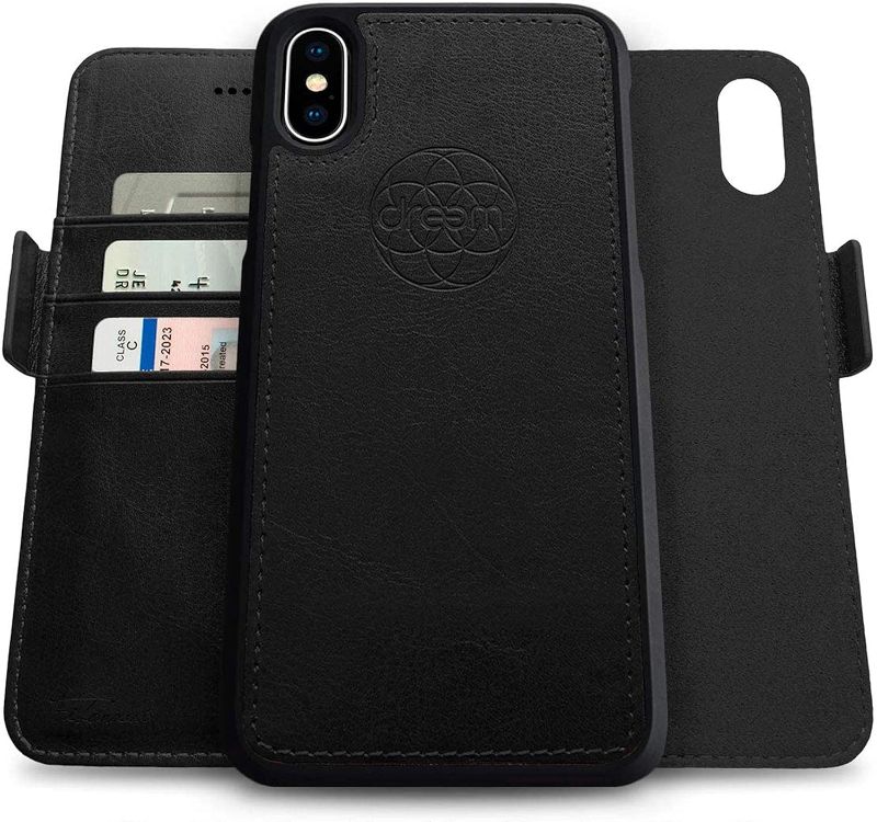 Photo 1 of Dreem Fibonacci 2-in-1 Wallet Case for Apple iPhone X & Xs - Luxury Vegan Leather, Magnetic Detachable Shockproof Phone Case, RFID Card Protection, 2-Way Flip Stand - Black
