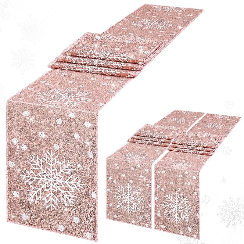 Photo 1 of 3 Pcs Winter Table Runner Christmas Snowflake Sequin Table Runners 12 x 72 Inch Snowflake Glitter Table Runner Xmas Table Runner for Xmas Winter Birthday Party Supplies Decor (Rose Gold)
