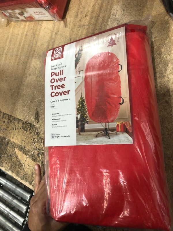 Photo 2 of Zober Upright Tree Storage Bag for Christmas Trees of 9ft. Tall, Tree Bag Is Tear Proof Polyethylene; Comes With Drawstring Hem, Zipper, And Carry Handles, Waterproof Material Protects From Dust & Moisture 9 Ft Red